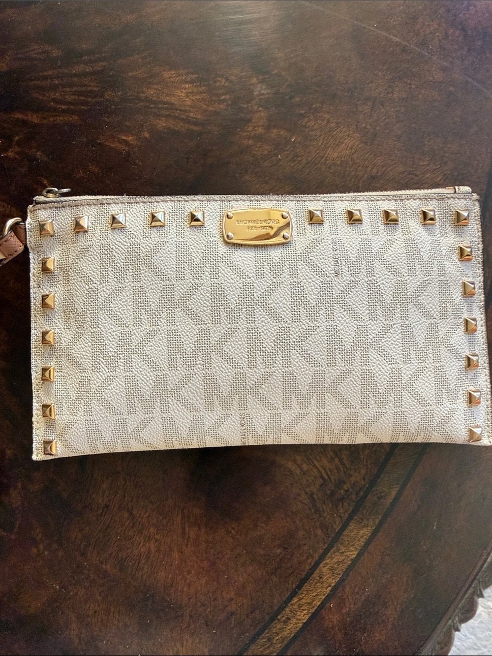 Michael Kors Cream Logo Studded Zip Wristlet with Gold Hardware